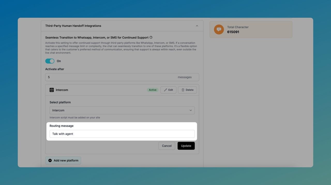 the Routing message and Update button highlighted under the settings