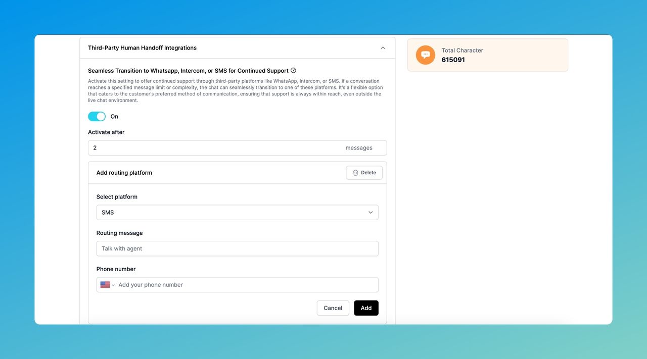 the settings of SMS on Third-Party Human Handoff Integrations on LiveChatAI